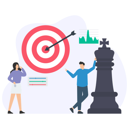 Business people planning strategy and hitting target with arrow, using chess piece and charts  Illustration