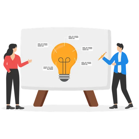 Present Idea Explain Solution Or Strategy Intelligence Information Business Insight For New Opportunity Optimization Concept Businesswoman Presenting New Lightbulb Idea With Graph And Chart Illustration