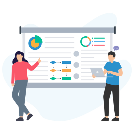 Business people presenting project management plan with charts and flowchart  Illustration