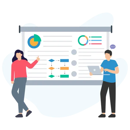 Business people presenting project management plan with charts and flowchart  Illustration