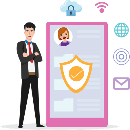 Business people providing cloud storage services for safety of customer data complete with protection system  Illustration