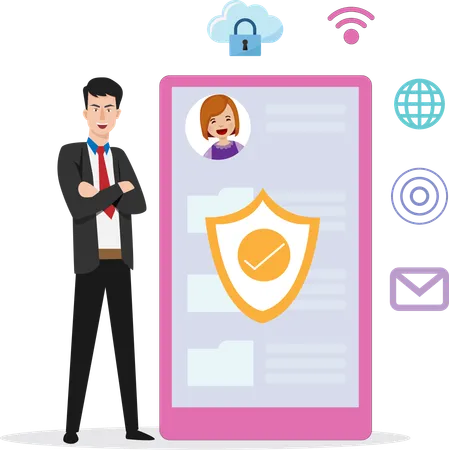 Business people providing cloud storage services for safety of customer data complete with protection system  Illustration