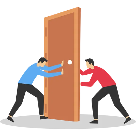 Business people pulling door with rope  Illustration