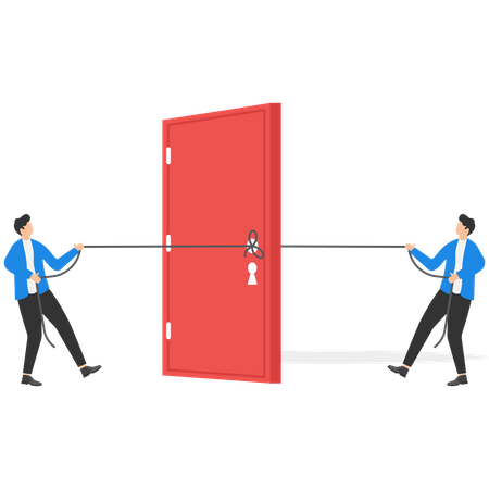 Business people pulling doors with rope  Illustration
