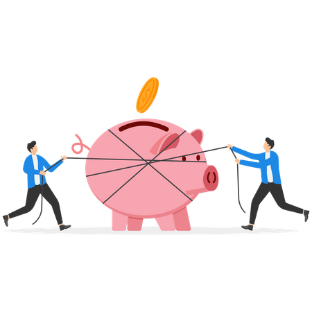 Business people pulling pink piggy bank with rope  Illustration