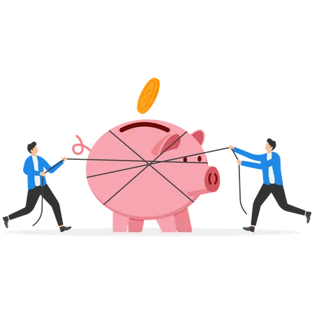 Business People Pulling A Pink Piggy Bank With A Rope Greed Or Competition Modern Vector Illustration In Flat Style Illustration