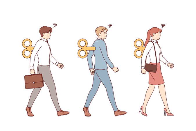 Business people puppets march in formation and thanks to mechanism for filling them with energy  Illustration