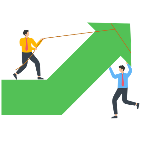 Business people push and pull the arrow together to try to change the arrow direction  Illustration