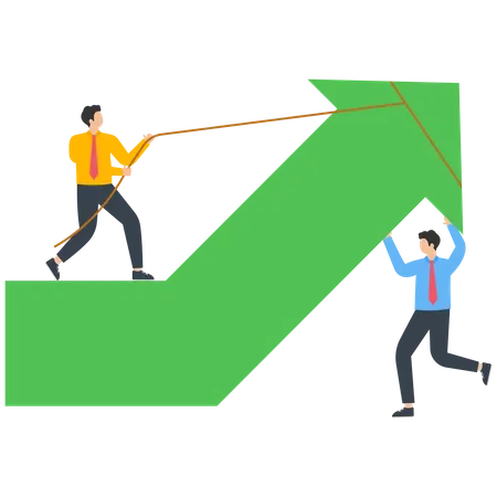 Business people push and pull the arrow together to try to change the arrow direction  Illustration