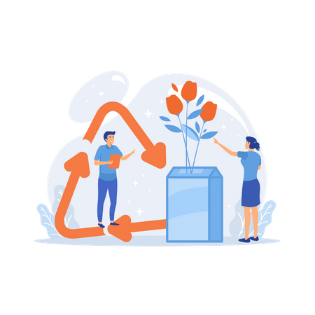 Business people reuse milk carton as vase creatively and upcycling symbol  Illustration