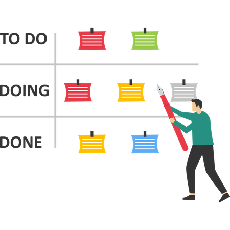 Business people review project progress on kanban board  Illustration