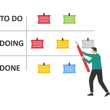 Business people review project progress on kanban board  Illustration