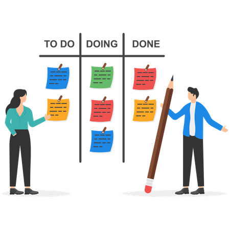 Business people review project progress on Kanban board  Illustration