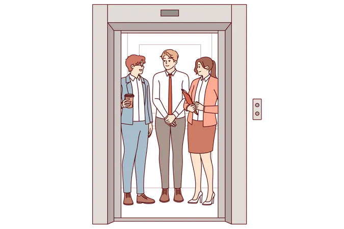 Business People Ride In Elevator Together Going Up To Another Department Of Corporation Or Making Partner Visit Men And Women Working As Clerks Meet In Elevator Showing Joy At Sight Of Colleagues Illustration