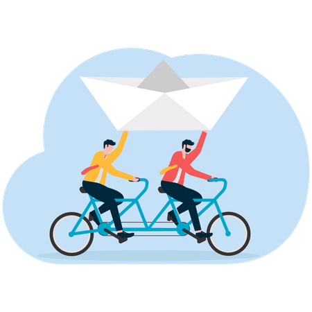 Business people riding cycle and holding paper boat  Illustration