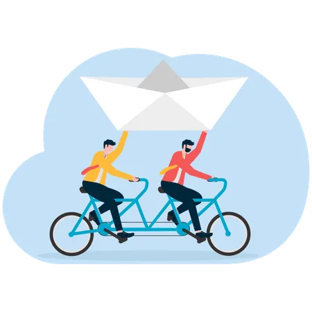 Business people riding cycle and holding paper boat  Illustration