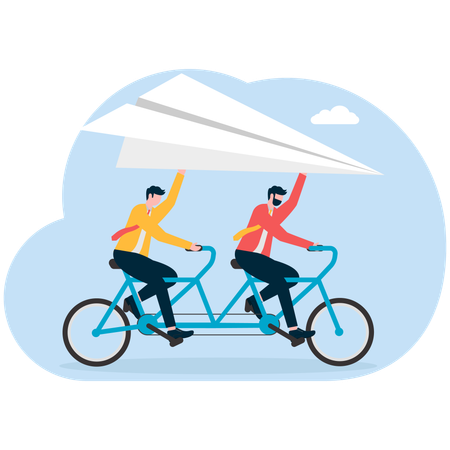 Business people riding cycle and holding paper plane  Illustration