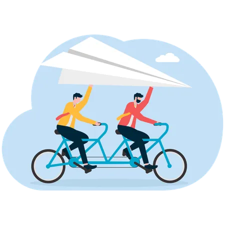 Business people riding cycle and holding paper plane  Illustration