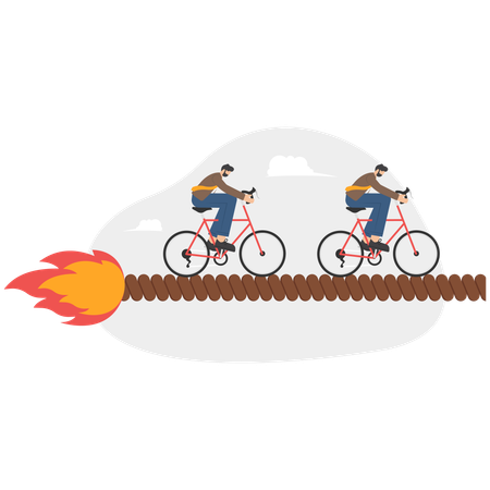 Business people riding cycle on burning path  Illustration