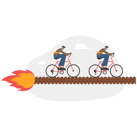 Business people riding cycle on burning path  Illustration