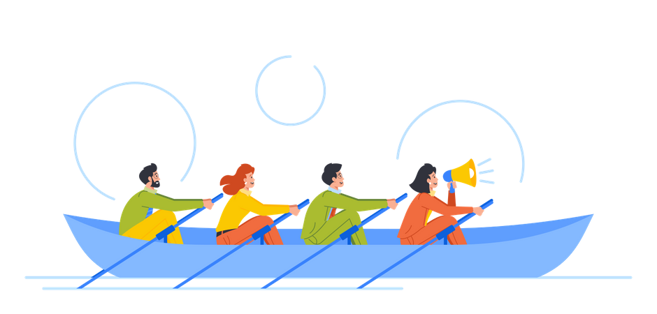 Business People Rowing Together In Boat  Illustration