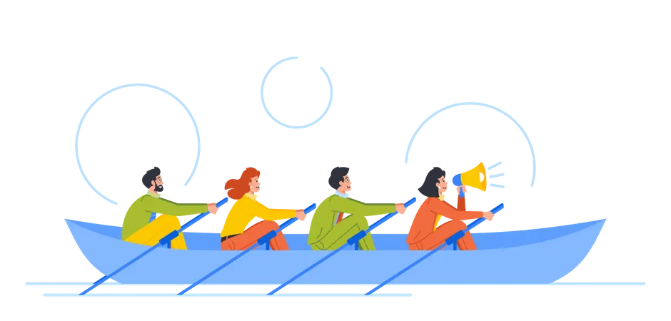Business People Rowing Together In Boat  Illustration