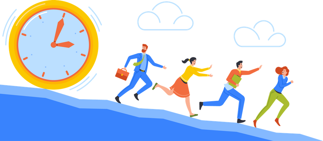 Business People Run Away from Clock Down the Mountain  Illustration