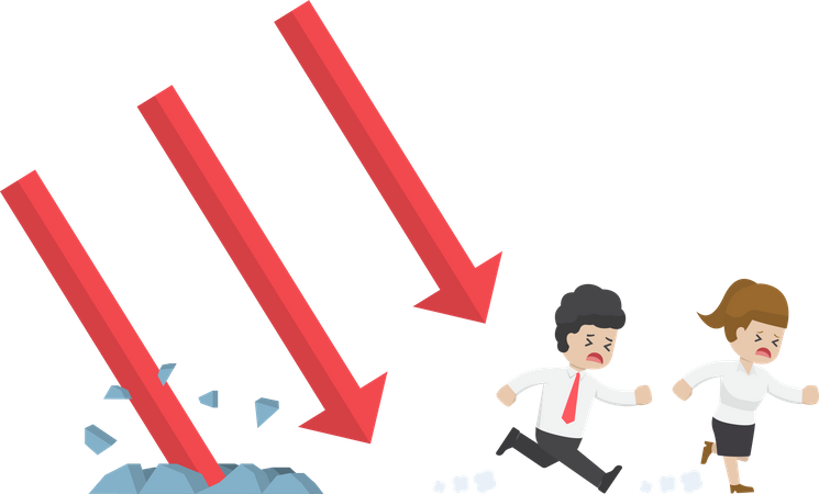 Business people Run Away From Falling Graph Illustration
