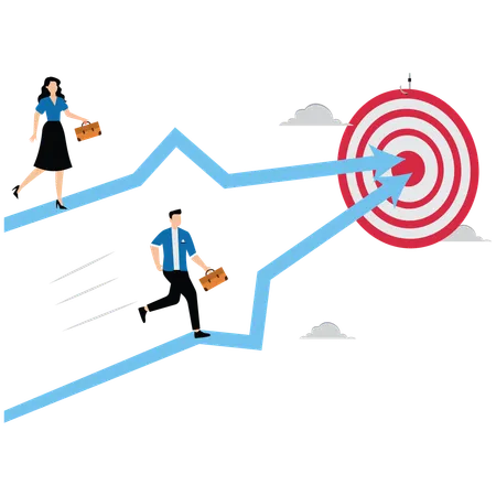 Business people run on arrow to target  Illustration