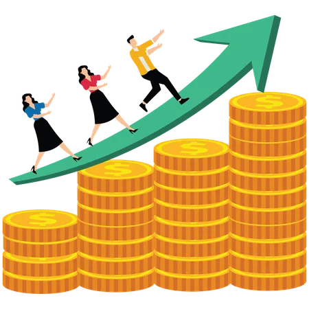 Business people run on the arrow of growth on the pile of gold  Illustration