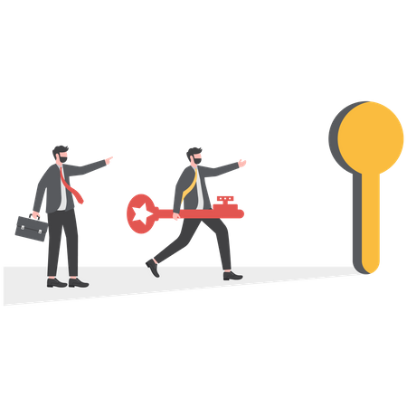 Business people running and carrying key to unlock keyhole Illustration