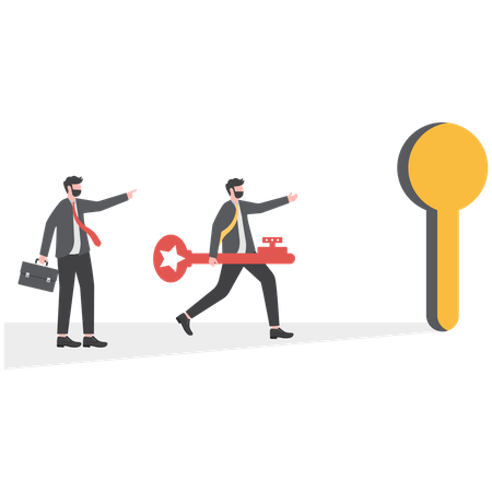 Business people running and carrying key to unlock keyhole  Illustration