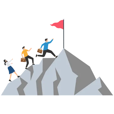 Business people running to reach mountain peak  Illustration