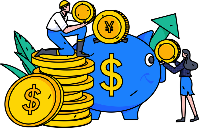 Business people saving income in piggy bank  Illustration