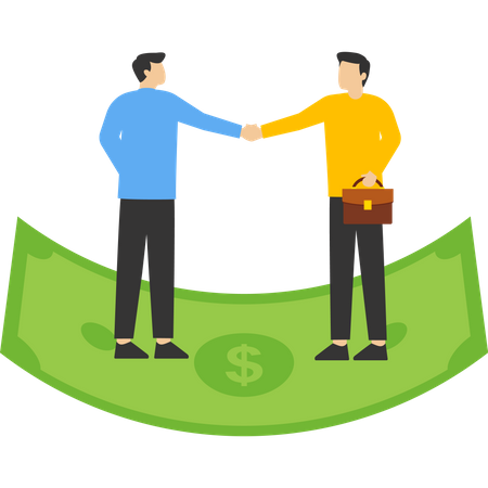 Business people shaking hands over pile of banknotes after finalizing adeal  イラスト