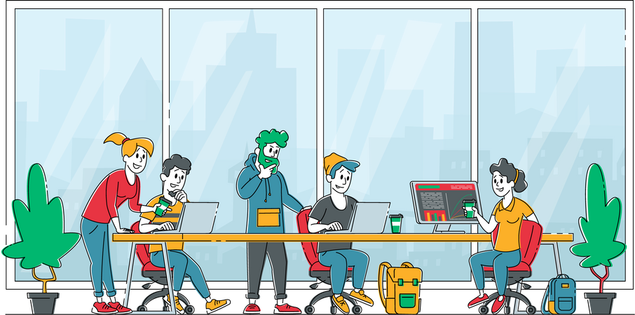 Business People Sitting at Desk Discussing Idea in Office Illustration