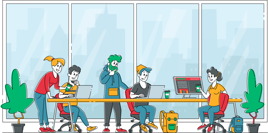 Business People Sitting at Desk Discussing Idea in Office  Illustration