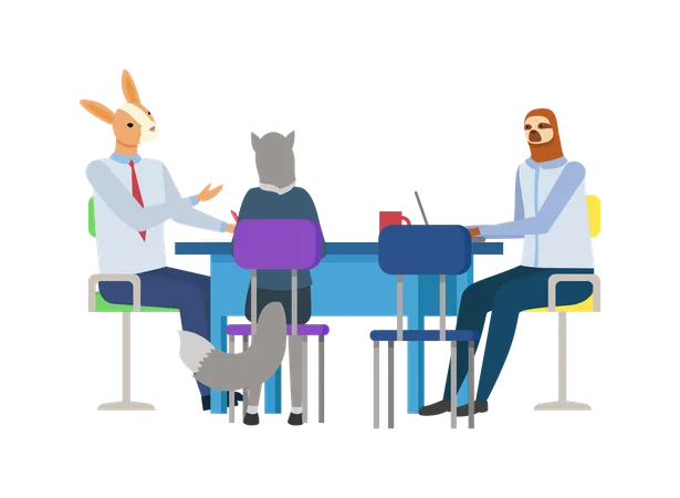 Hipster Animals Rabbit Wolf And Sloth Sitting At Table And Discussing Conference Of Workers At Desktop Work In Office Portrait And Back View Vector Illustration