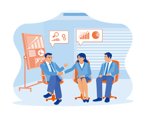 Business People Sitting Together And Shaking Hands In Office  Illustration