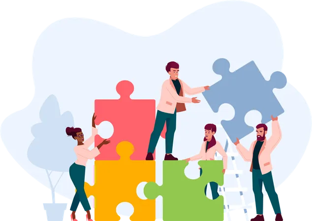 Office Employees Cooperation Joint Work Partnership People Group Stand On Ladder Together Set Up Huge Colorful Separated Puzzle Pieces Businesspeople Teamwork Concept Cartoon Vector Illustration Illustration