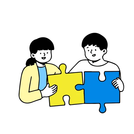 Business Puzzle Two Business People Connecting Puzzle Pieces Solving Problem And Finding Solution Vector Illustration With White Background Illustration