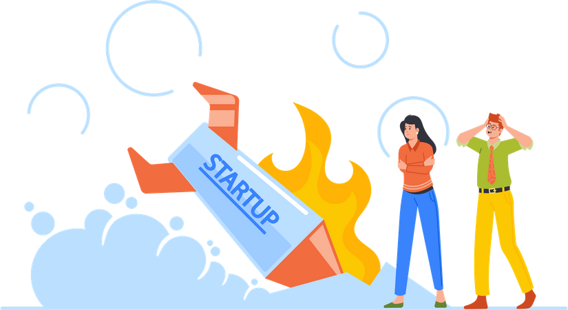 Business People Stand at Burning Crashed Startup Rocket  Illustration