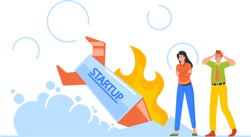 Business People Stand at Burning Crashed Startup Rocket  Illustration