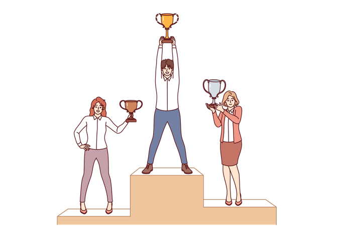 Business people stand on pedestal and hold award cups received for outstanding careers and skills  Illustration