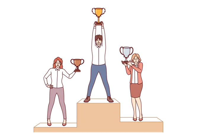 Business people stand on pedestal and hold award cups received for outstanding careers and skills  Illustration