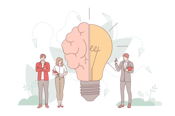 Brainstorming In Imagination Concept Creative Brain With Innovative Knowledge And Genius Approach To Business And Business People Standing Nearby Vector Illustration Smart Symbol As Light Bulb Illustration
