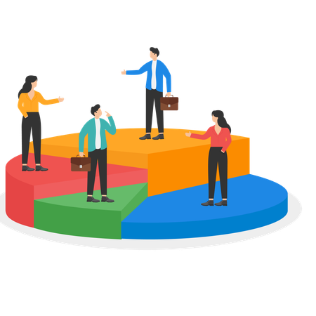 Business people standing of different directions on a pie chart  Illustration