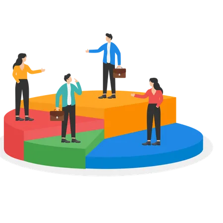 Business people standing of different directions on a pie chart  Illustration