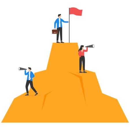 People Standing On Mountain Peaks With The Winning Flag Concept Business Vector Illustration Success Teamwork Consulting Looking And Searching Illustration