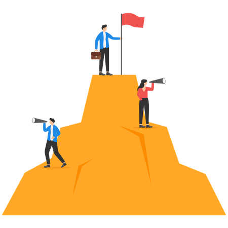 Business people standing on mountain peaks with the winning flag  Illustration